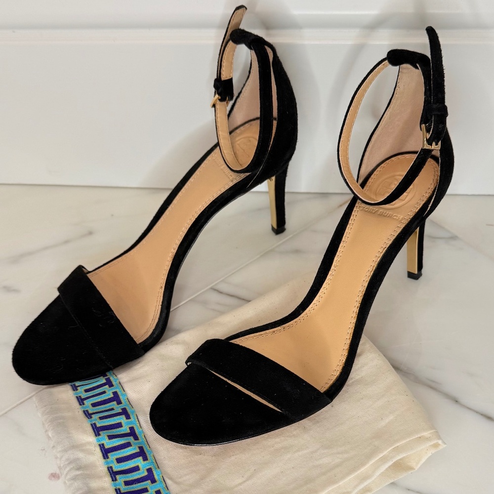 Tory Burch Ankle Strap Sandals with Heel - Black Suede - Size 6.5